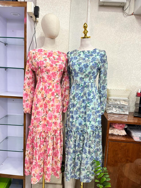 Hi-so Floral Loose Sleeves Flounce Full Length Dresses